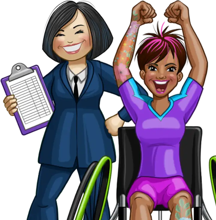 Graphic illustration of one one lady smiling while holding a clipboard and the other smiling with her hands in the air in excitement.